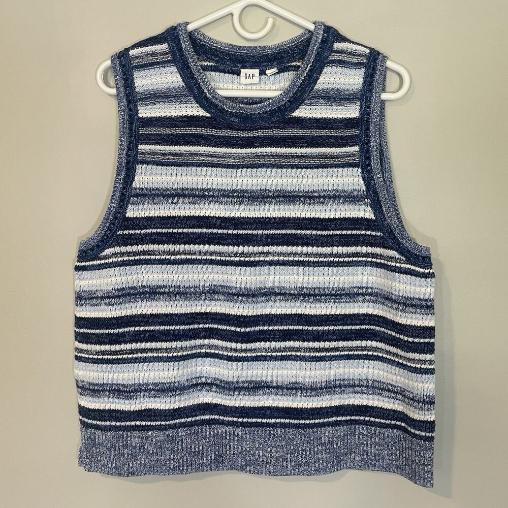 GAP Striped Knit Crewneck Sweater Tank in Blue and White